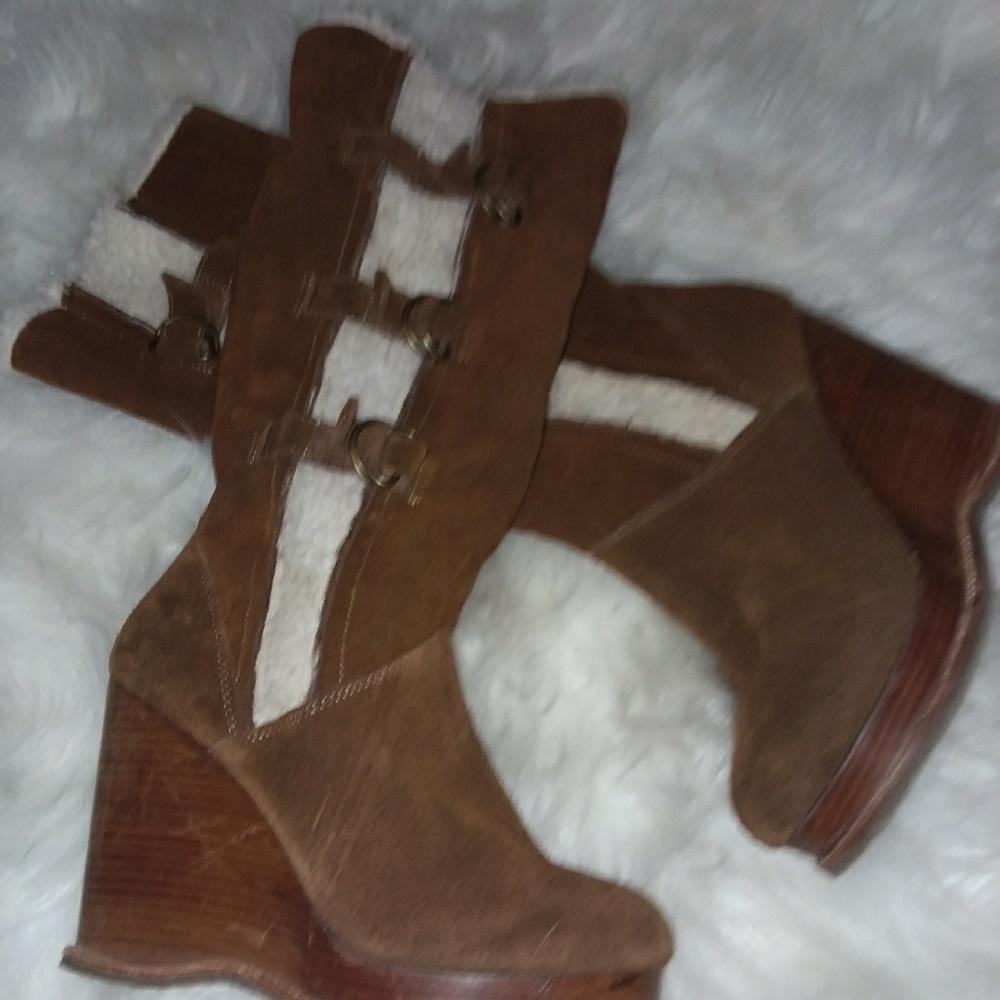 Camel suede wedge boots